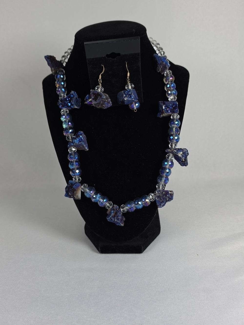 Handmade Titanium Blue Druzy Quartz Crystal AB Faceted Bead Necklace Earring Set